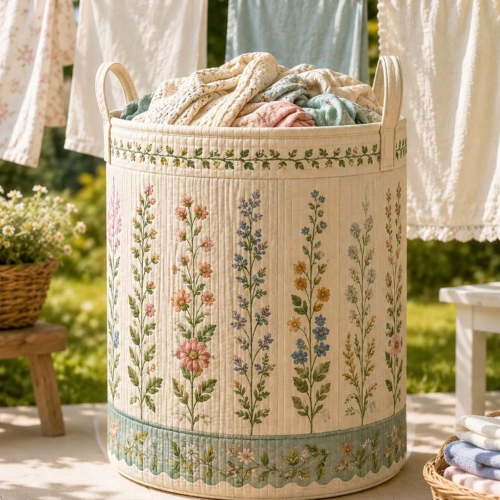 Wildflower Quilt Laundry Basket, Wildflower Floral Storage Hamper, Cottagecore Quilted Laundry Bin, A Gift For Someone Loves Flowers
