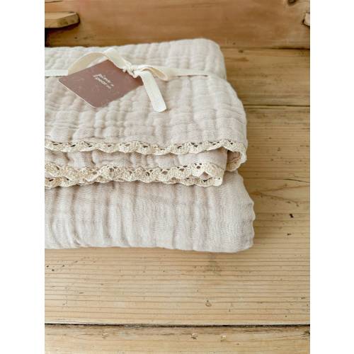 Organic Muslin Gauze Baby Blanket: Buttermilk Lace Trim, Heirloom Swaddle