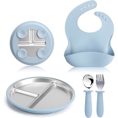 Stainless Steel Kids Plates & Spoon Set with Silicone Bibs–9”Divided Toddler Plates with Removable Suction Cups, Non-Toxic