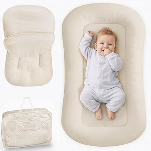 Baby Lounger for Newborn - Infant Lounger 0-24 Months with Lounger Cover, Adjustable Baby Nest Lounger, Breathable Fabric & 3D Support Newborn Lounger, Portable Newborn Essentials, White