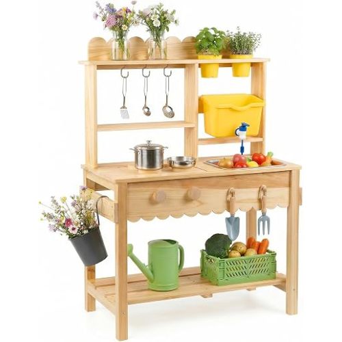 Wooden Mud Kitchen for Kids with Working Faucet and Removable Sink