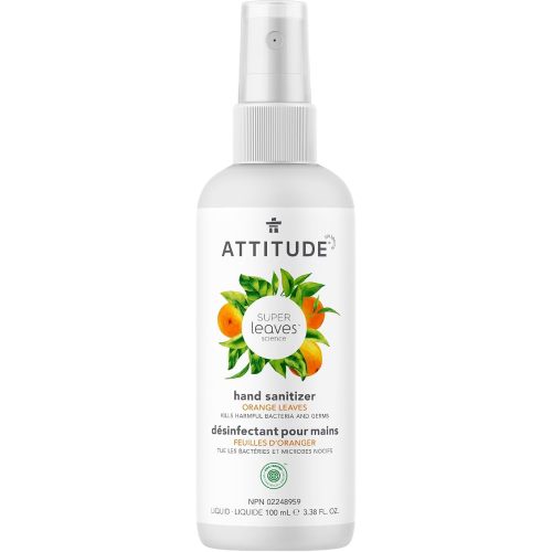 ATTITUDE Hand Sanitizer Spray for Adults and Kids, Made in Canada, EWG Verified, Kills Bacteria and Germs, Vegan, Orange Leaves, 100 mL (Spray Bottle)