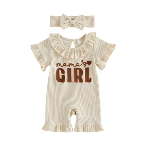 Newborn Baby Girl Summer Outfit Romper Hi I'm New Here Embroidery Ruffle Jumpsuit Infant Waffle Knit Clothes