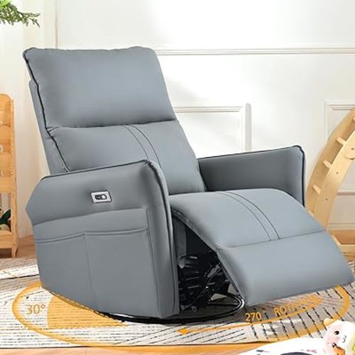 Power Swivel Rocker Recliner Chair for Nursery, Upholstered 270° Swivel Glider Rocker Chair with USB Ports, Small Power Recliners for Small Spaces Living Room
