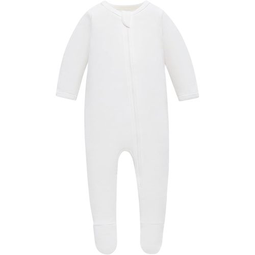 Owlivia Organic Cotton Baby Pajamas, Boys Girls Zip Front Sleep 'N Play, Footed Sleeper, Long Sleeve(Newborn, Ivory White)