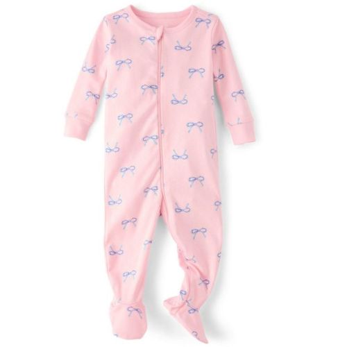The Children's Place Baby Girls Long Sleeve Bow Snug Fit Cotton Footed One Piece Pajamas Pink 3-6 M