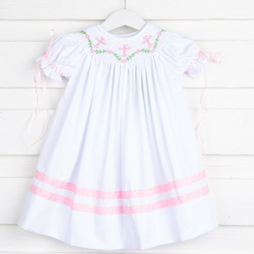 Cross and Vine Smocked White Dress