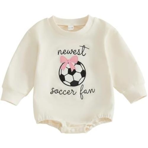 Baby Girl Soccer Clothes Letter Soccer Ball Bow Embroidered Long Sleeve Bubble Sweatshirt Romper Fall Bodysuit