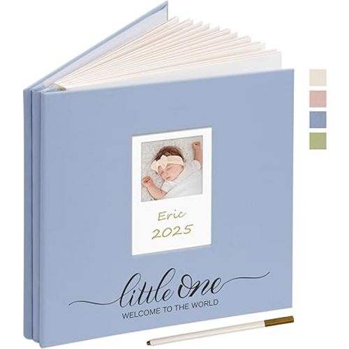 Vienrose Self Adhesive Photo Album 4x6 with Window Baby Memory Book Fabric Cover with PVC Cover Photo Sleeve & 2 Decorative Cards DIY Scrapbook for Newborn, Baby Shower 20 Sheets 40 Pages Blue