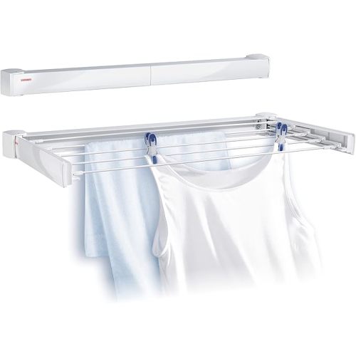 Leifheit Telegant 30 Protect Wall Dryer – Foldable Indoor/Outdoor Clothes Drying Rack with 5 x 60 cm Bars, 3m Drying Space, Compact & Sturdy Laundry Airer, White, Easy Wall-Mount Design