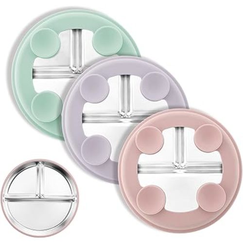 Stainless Steel Suction Plates for Toddlers, 8" Divided Kids Baby Plates with Removable Silicone Suction, Non Toxic Non Slip Portion Control Snack Dishes 3 Packs, Pink Lilac Sage