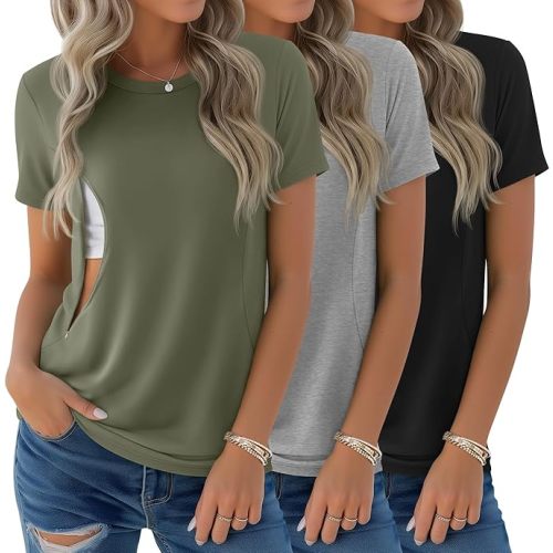 3 Pack Women's Nursing Shirts for Breastfeeding with Zippers Maternity Loose Short Sleeve Tops Pregnancy Clothes