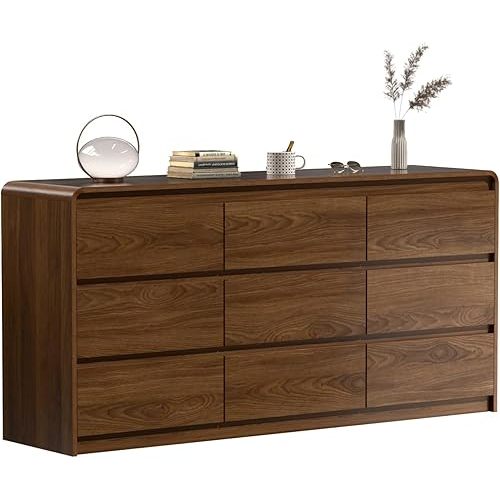Oransail 9 Drawer Dresser, 63" Wide Walnut Dresser Chest of Drawers, Curved Anti-Collision & Anti-Tipping Design, Mid Century Modern Wooden Dresser for Bedroom, Living Room, TV Stand