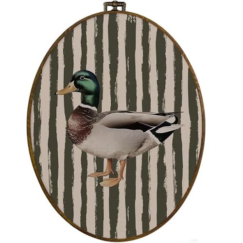 Dvhdajed Vintage Mallard Duck Oval Wall Art Decor, Duck Nursery Decor,Vintage Ducks Framed Canvas Art, Olive Farmhouse Ducks Wall Hanging Decoration for Bedroom Living Room Bathroom, 8.7x11.3 In