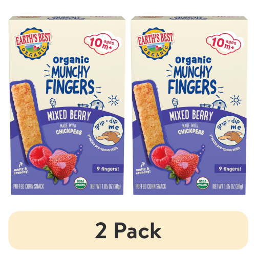(2 pack) Earth's Best Organic Bite-Size Munchy Fingers Mixed Berry Puffed Baby Snack, 1.05 oz Box