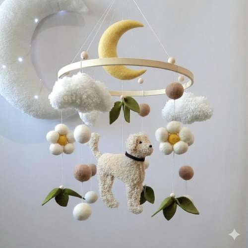 Baby mobile, mobile with a dog, goldendoodle in a crib, mobile with flowers, goldendoodle mobile, gift for a newborn.