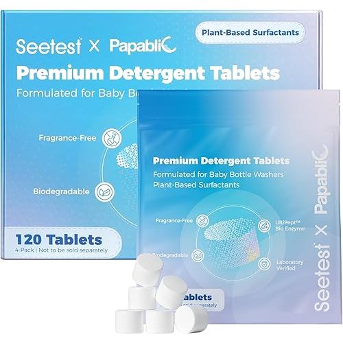 Papablic Upgraded 120Pcs Baby Bottle Washer Tablets, Plant-Based UltiPept Enzyme Formula, Deep Cleaning for Milk Residue & Odor, Gentle on Bottles & Pump Parts, Compatible with All Bottle Washers