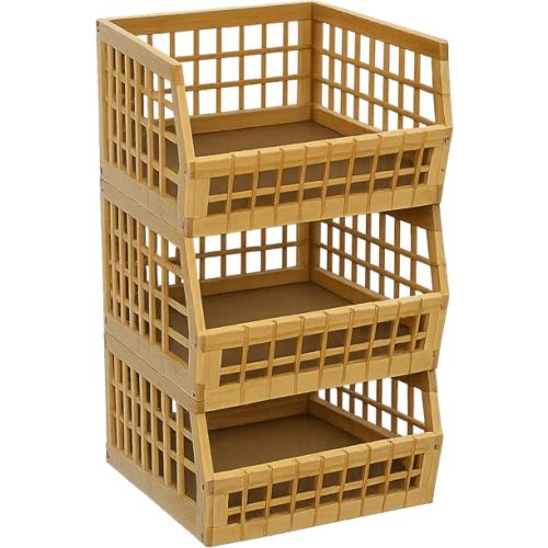 Bamboo Stackable, Open Front, Large Storage Bins - Lattice Design Set of 3