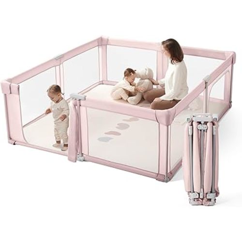 Baby Playpen Portable, Pre-Assembled Play Pen 71x79 Large Foldable Playpen for Babies and Toddlers, Sturdy and Safe Toddler Play Yard Indoor Outdoor with Carry Bag, Pink