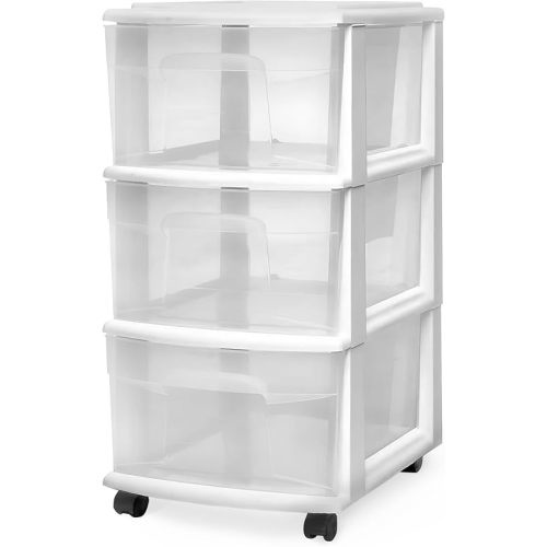 HOMZ Drawer Tower, 3-Tier Rolling Storage Cart with Removable Wheels, White Frame – Plastic Organizer with Clear Bin Drawers for Bedroom, Bathroom, Home Office, and Dorm Room
