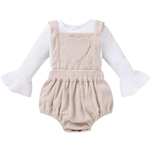 Tiny Cutey Newborn Baby Girl Clothes Bell Sleeve Romper and Corduroy Overalls Shorts Infant Girl Fall Outfits