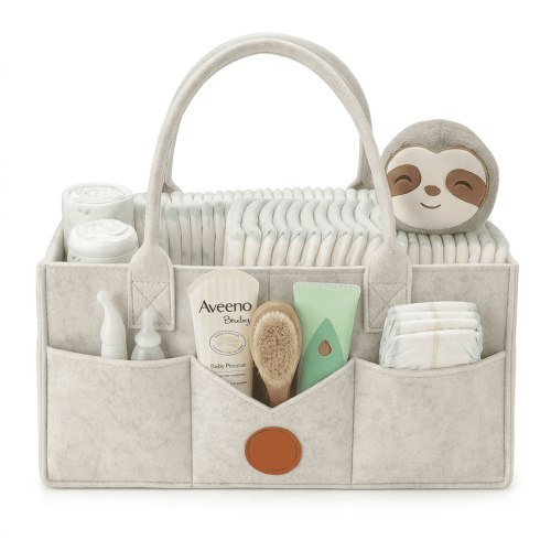 AWLYLNLL Diaper Caddy Organizer - Diaper Caddy for Baby Nursery Storage, Felt Diaper Organizer for Baby Stuff with Handle, 13" x 9" x 7" Portable Baby Basket Boy Girl Changing Table Organizer (White)