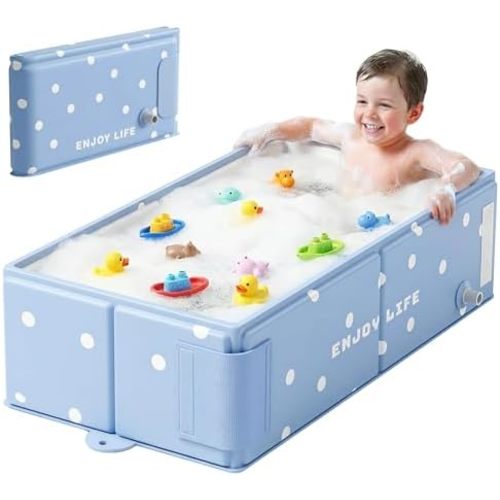 Collapsible Baby Bathtub for Newborn to Toddler, Foldable Toddler Bathtub with Drain Plug, Non-Slip Portable Infant Bath Tub for Travel Storage Outdoor Use, Blue Polka Dot