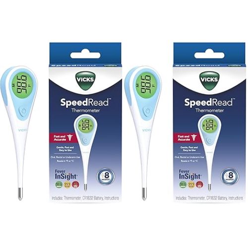 Vicks SpeedRead Digital Thermometer for Baby, Kids & Adults, Color-Coded Readings, Oral, Baby Rectal Thermometer or Under The Arm, Water Resistant (Pack of 2)