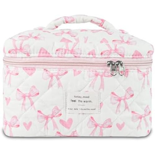 GISMTR Makeup Bag, Quilted Bow Cosmetic Bag, Large Travel Aesthetic Make up Bag, Cute Coquette Toiletry Pouch for Women Girls