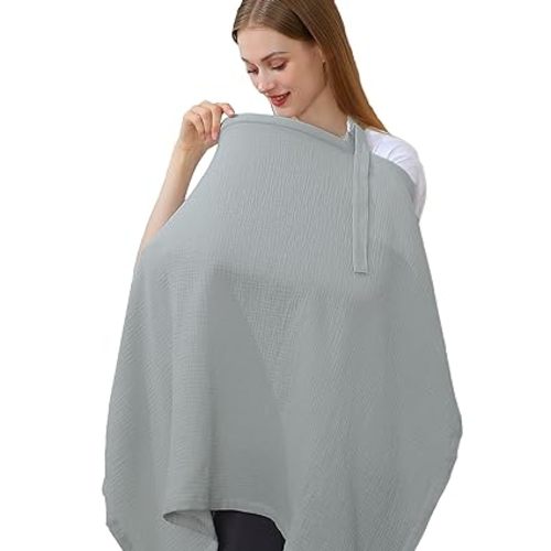 100% Muslin Cotton Breastfeeding Cover, Multi-use Nursing Covers with Arch Neckline & Back Adjustable Elastic Strap, Cotton Breathable Nursing Apron (Grey) - Autumn Grey