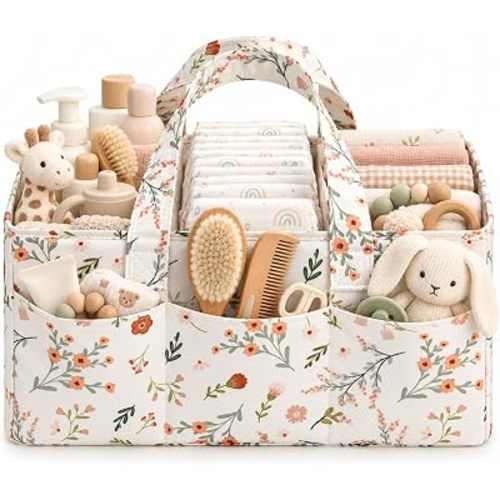 PeraBella Baby Diaper Caddy Organizer, Floral Baby Basket Shower Gift, Nursery Organizer Basket Newborn Boy & Girl Essential Items, Changing Table Organizer Caddy for Baby Stuff, Car Caddy- Wildflower