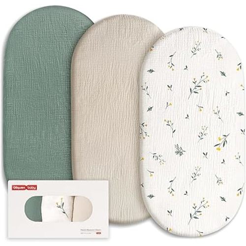 Gllquen Baby Muslin Bassinet Sheets 3 Pack, Breathable Elastic Cozy Fitted Cotton Bassinet Mattress Sheet for Baby Boy Girls, Fit for Hourglass Oval Rectangular Cradle Pad Sheets 33"x17" (Green)