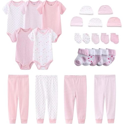 Newborn Layette Gift Set Bodysuits Pants for Baby Girl and Boy 24 Piece 100% Cotton Essentials and Accessories