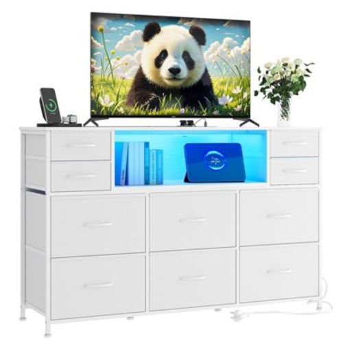 10 Fabric Drawers, TV Stand with Entertainment Center with Power Outlet and Light for 45 to 55-inch TVs