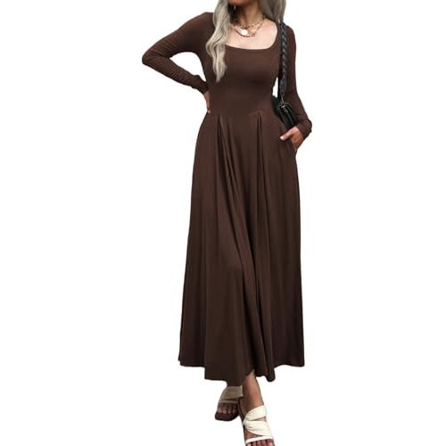 Mieazom Women Long Sleeve Square Neck Maxi Dress A-Line Pleated Flowy Elegant Party Cocktail Winter Fall Dresses with Pockets