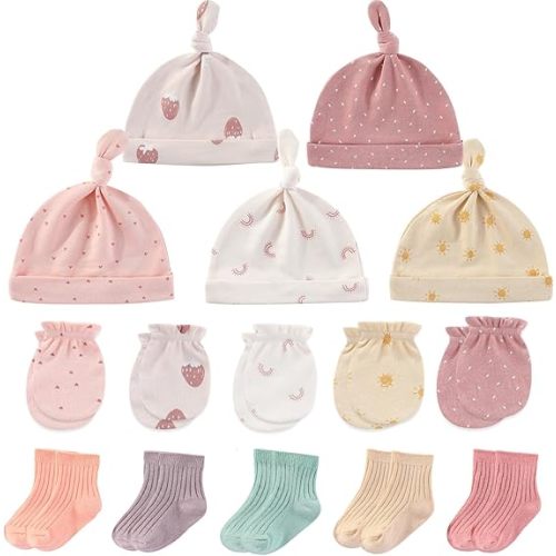 MAMIMAKA Newborn Baby Boy Girl Caps Mittens Socks Set Cotton Baby Essentials Accessories (Hats+Gloves+Socks)