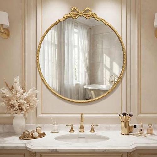 Gold Round Bow Mirror: 27" Modern Circle Bathroom Vanity Mirror - Baroque Traditional Ornate Beaded Decorative for Wall/Cloakroom/Bedroom/Dressing Room - Ideal for Fashion Conscious Women
