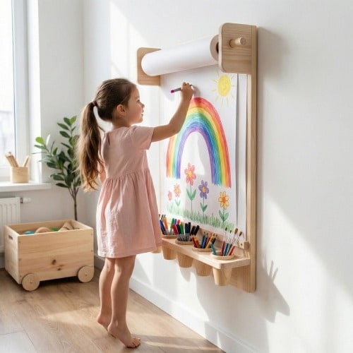 Drawing Board for Children with Storage Shelf and Paper Roll Dispenser