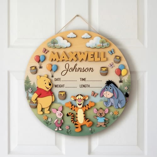 Personalized Winnie the Pooh Birth Announcement Sign, Wooden Newborn Stats Board, Pooh Tigger Piglet Eeyore Nursery Decor, Disney Baby Gift