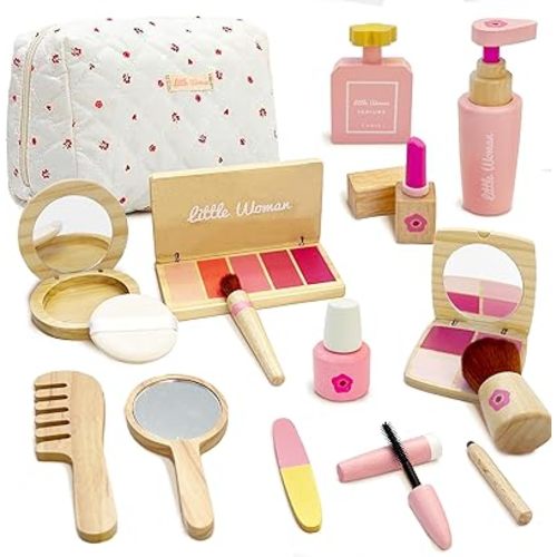 Wooden Pretend Makeup Toy Set for Girls, Realistic Cosmetic Kit with Lipstick & Mirror, Pretend Play Gift for Toddlers & Kids Ages 3-8