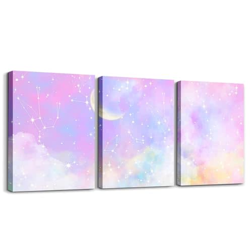 Feelyou Purple Pink Galaxy 3 Piece Canvas Wall Art for Living Room Bedroom Moon Star Wall Art for Home Decor Solar System Office Wall Decor Cloud Galaxy Wall Painting