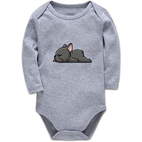 French Bull&Dog. Animal Fun Print Bodysuit Cute Baby Rompers 0-3 Months Long-Sleeved Grey Clothes