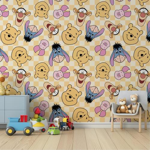 Winnie the Pooh Wallpaper, Disney Checkered Retro Nursery Wall Decal, Classic Hundred Acre Wood Decor, Kids Playroom Mural