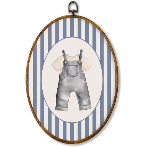 shiviody Baby Denim Overalls Nursery Canvas Wall Art Decor, Blue Striped Rustic Nursery Decor, Baby Clothing Oval Hanging Frame Prints Decorations for Home Kids Toddler Room Bedroom Playroom 8.6"x11.4"
