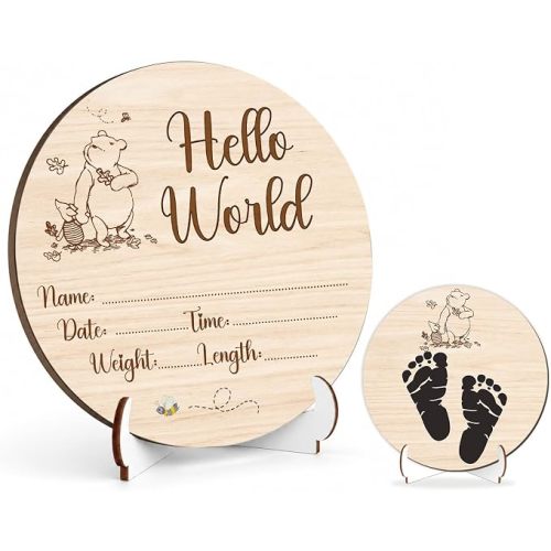 Winnie Baby Wooden Newborn Birth Sign, Winnie Hello World Newborn Signs, Pooh Double Sided Hello World for New Mom Babies Decor, Babies Name Plaques Photography Prop, Pooh Baby Announcement Sign
