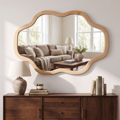 20" × 30" Cloud Shape Wood Wall Mirror, Irregular Natural Wood Frame Decorative Accent Mirror for Bathroom Vanity, Entryway & Living Room-Panipeachy