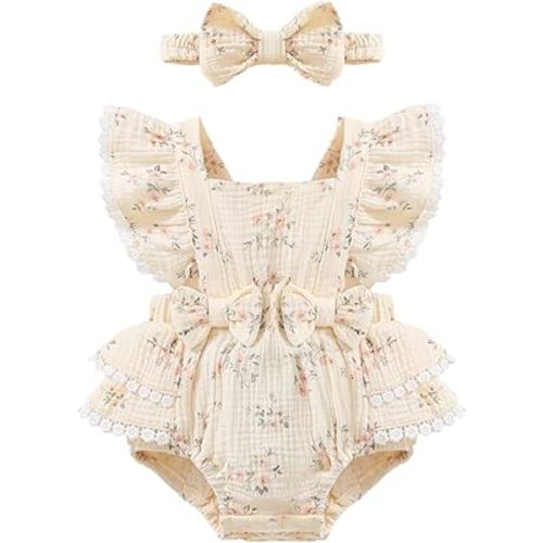 Baby Girl Summer Clothes Ruffle Sleeve Cotton Linen Romper Dress Infant Girls Lace Trim Bodysuit with Headband