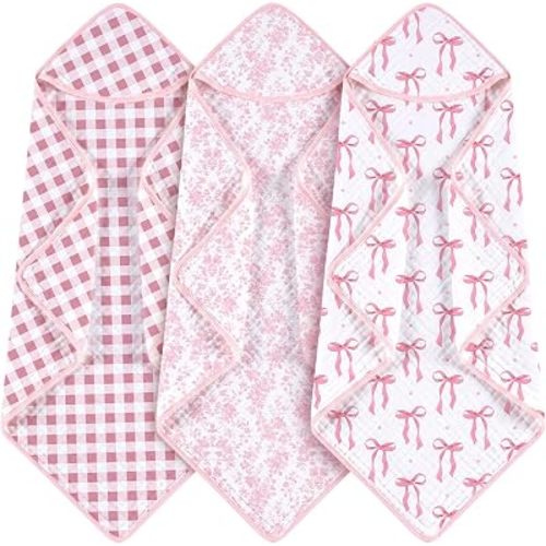 Hahafelt 3 Pcs Pink Bow Flowers Checkered Baby Hooded Towels for Newborn 100% Muslin Cotton Baby Bath Towel with Hood for Babies Infant Toddler and Kids Large 32x32inch Soft Absorbent Kids Gift
