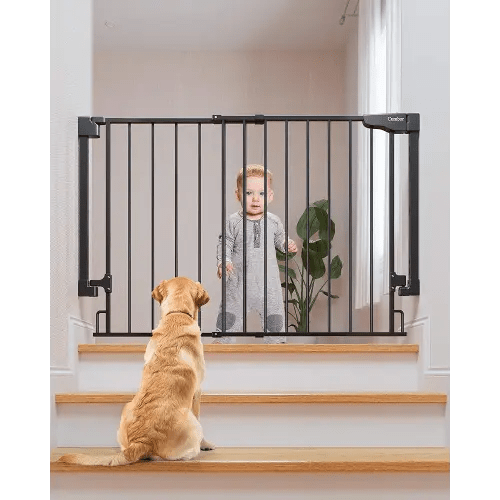 Cumbor 29.2–43" Baby Gate for Stairs, Wall-Mounted (Drill Required), Expandable No Bottom Bar Dog Gate, Auto Close Extra Wide Walk Thru, Pet & Toddler Proof Gate, Top & Bottom of Stairways(Black)