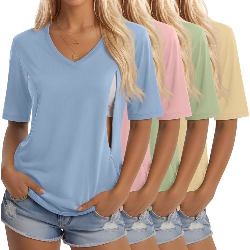 4 Pack Women's Nursing Shirt for Breastfeeding with Hidden Zipper Half Sleeves Tops V Neck Postpartum Maternity Tee